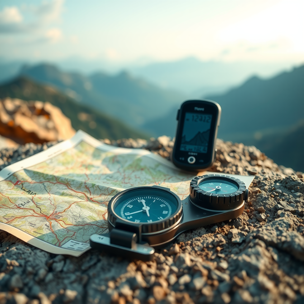 Topographic map, compass, and GPS device laid out on rock surface with mountain landscape in background, showing navigation tools for wilderness travel