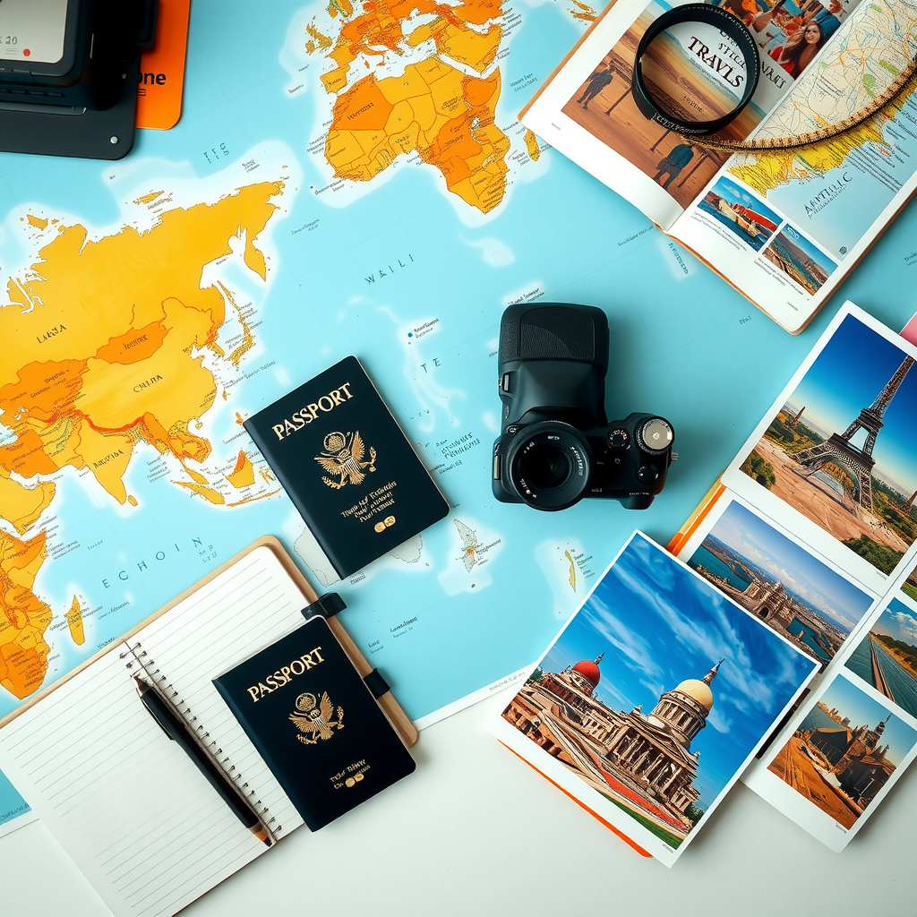 Overhead view of travel planning materials on a desk including world map, passport, camera, notebook with itinerary, colorful destination photos, and travel guides