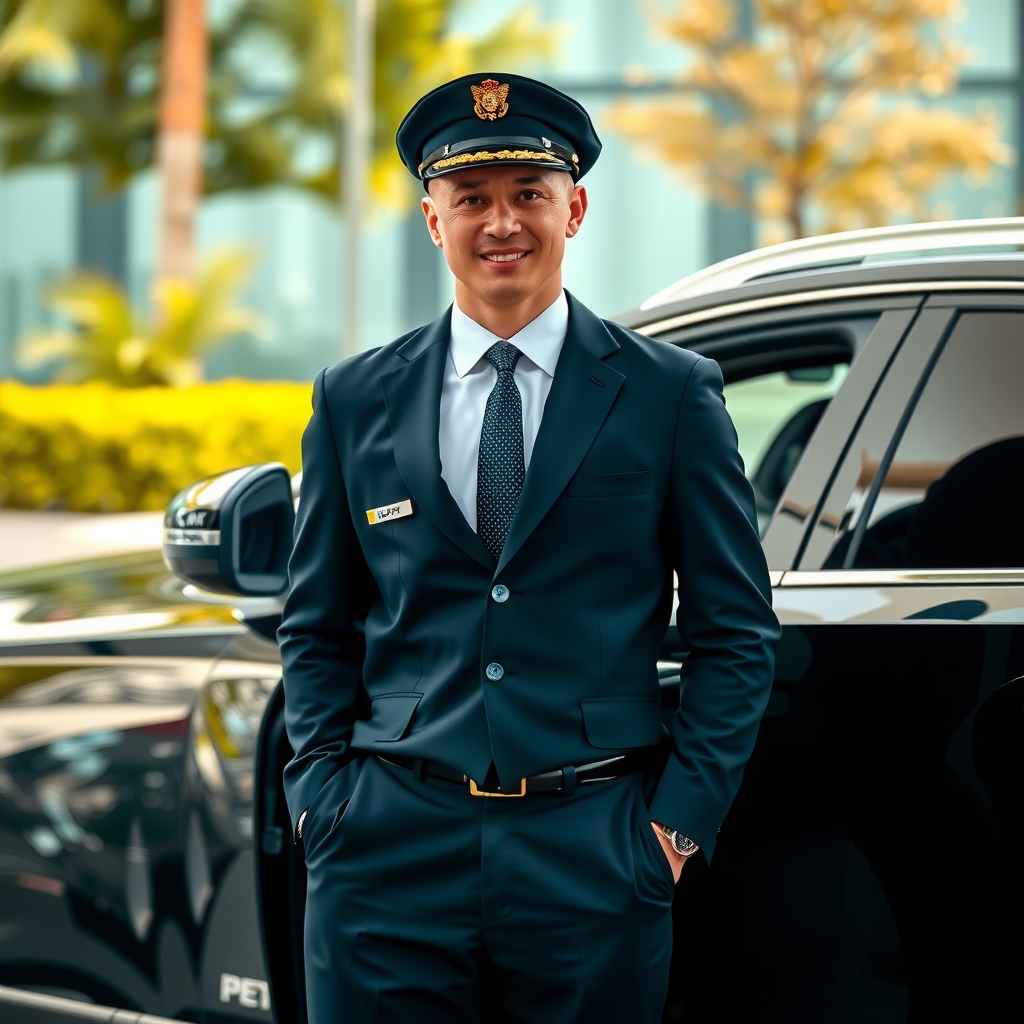 Professional chauffeur in uniform standing beside luxury vehicle, smiling and ready to assist guests