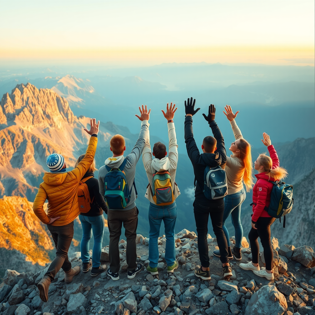 Diverse group of happy adventurers celebrating at mountain summit, raising hands in triumph, spectacular panoramic mountain views, sense of achievement and camaraderie, golden hour lighting