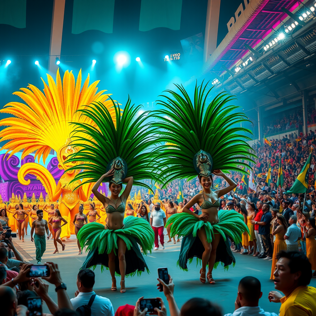 Spectacular Rio Carnival parade at the Sambadrome with dancers in elaborate feathered costumes and headdresses, massive colorful floats, samba dancers performing, thousands of spectators, vibrant lights, energetic atmosphere, Brazilian flags