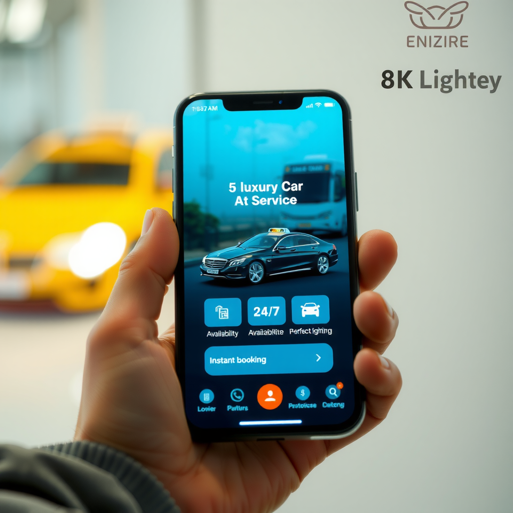 Smartphone showing luxury car service app with 24/7 availability and instant booking features