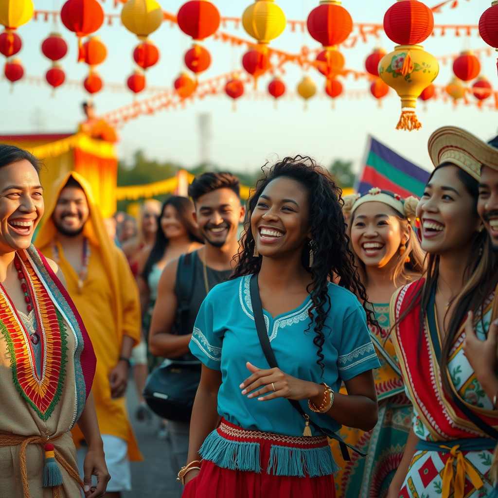 Diverse group of happy travelers from different countries celebrating together at a cultural festival, wearing traditional festival attire, smiling and dancing, colorful decorations in background, sense of community and joy, sunset lighting