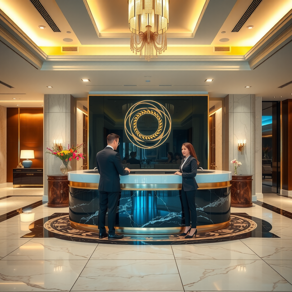 Luxury hotel concierge desk with professional staff assisting guests, elegant lobby with marble floors and fresh flowers