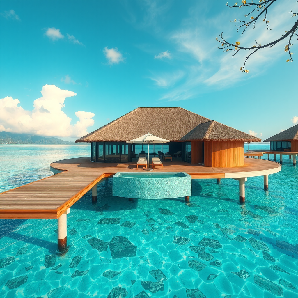 Luxurious overwater villa in Maldives with private deck, infinity pool, and crystal clear turquoise lagoon